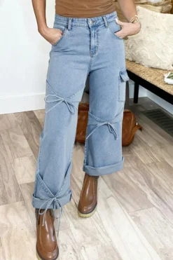 New Dear-Lover Bowknot Decor Boyfriend Cargo Jeans Beau Blue