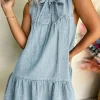 Discount Dear-Lover Bowknot Neck Sleeveless Ruffled Chambray Dress Beau Blue