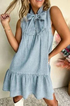 Discount Dear-Lover Bowknot Neck Sleeveless Ruffled Chambray Dress Beau Blue