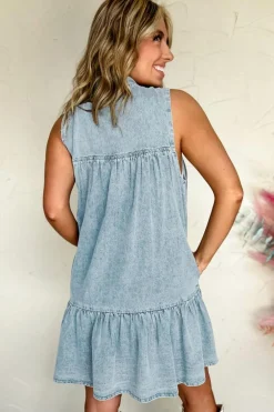 Discount Dear-Lover Bowknot Neck Sleeveless Ruffled Chambray Dress Beau Blue