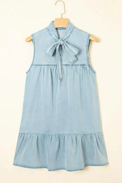 Discount Dear-Lover Bowknot Neck Sleeveless Ruffled Chambray Dress Beau Blue
