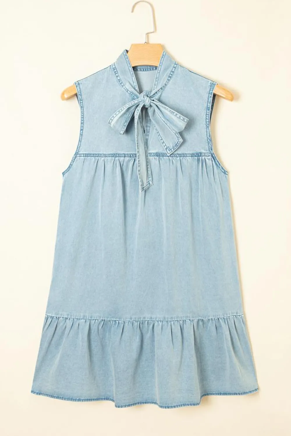 Discount Dear-Lover Bowknot Neck Sleeveless Ruffled Chambray Dress Beau Blue