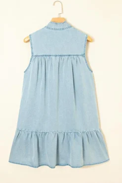 Discount Dear-Lover Bowknot Neck Sleeveless Ruffled Chambray Dress Beau Blue