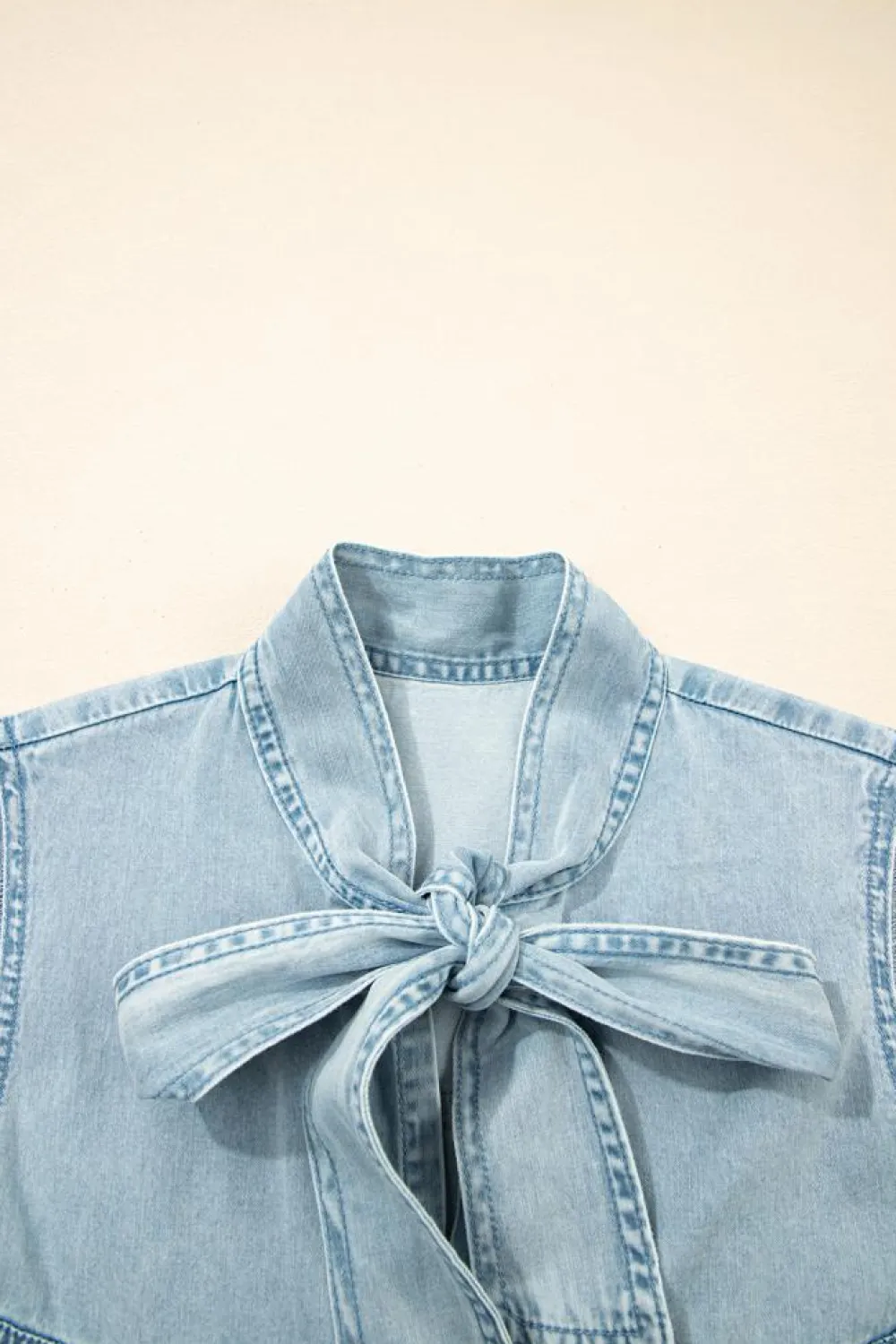 Discount Dear-Lover Bowknot Neck Sleeveless Ruffled Chambray Dress Beau Blue