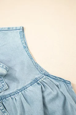 Discount Dear-Lover Bowknot Neck Sleeveless Ruffled Chambray Dress Beau Blue