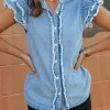 Outlet Dear-Lover Button Front Ruffled Flutter Frayed Denim Top Beau Blue