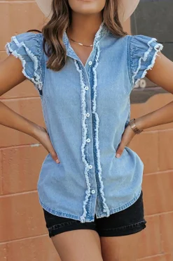 Outlet Dear-Lover Button Front Ruffled Flutter Frayed Denim Top Beau Blue