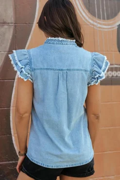 Outlet Dear-Lover Button Front Ruffled Flutter Frayed Denim Top Beau Blue