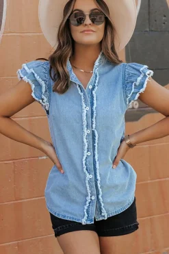 Outlet Dear-Lover Button Front Ruffled Flutter Frayed Denim Top Beau Blue