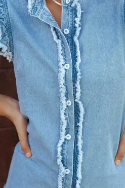 Outlet Dear-Lover Button Front Ruffled Flutter Frayed Denim Top Beau Blue