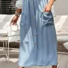 Hot Dear-Lover Buttoned Front High Waist Side Pockets Denim Maxi Skirt Beau Blue