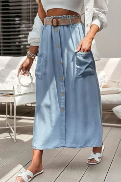 Hot Dear-Lover Buttoned Front High Waist Side Pockets Denim Maxi Skirt Beau Blue