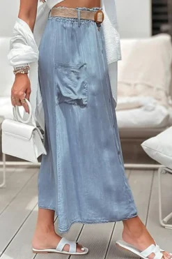 Hot Dear-Lover Buttoned Front High Waist Side Pockets Denim Maxi Skirt Beau Blue