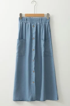 Hot Dear-Lover Buttoned Front High Waist Side Pockets Denim Maxi Skirt Beau Blue