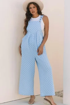 Clearance Dear-Lover Checkered Pocketed High Waist Wide Leg Overall Beau Blue