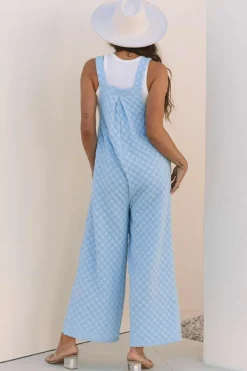 Clearance Dear-Lover Checkered Pocketed High Waist Wide Leg Overall Beau Blue