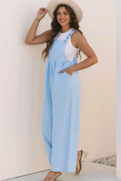 Clearance Dear-Lover Checkered Pocketed High Waist Wide Leg Overall Beau Blue