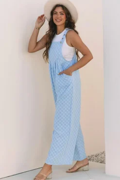 Clearance Dear-Lover Checkered Pocketed High Waist Wide Leg Overall Beau Blue