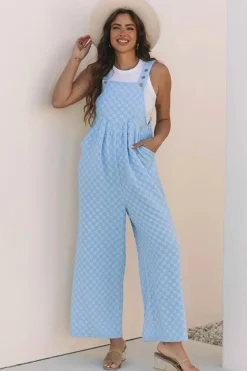 Clearance Dear-Lover Checkered Pocketed High Waist Wide Leg Overall Beau Blue