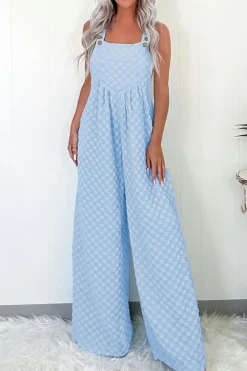 Clearance Dear-Lover Checkered Pocketed High Waist Wide Leg Overall Beau Blue