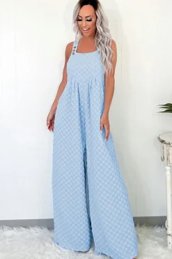 Clearance Dear-Lover Checkered Pocketed High Waist Wide Leg Overall Beau Blue