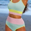 Fashion Dear-Lover Color Block High Waisted Sexy Bikini Set Beau Blue