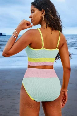 Fashion Dear-Lover Color Block High Waisted Sexy Bikini Set Beau Blue