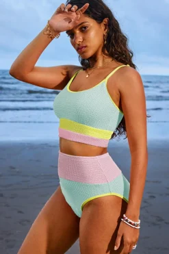 Fashion Dear-Lover Color Block High Waisted Sexy Bikini Set Beau Blue