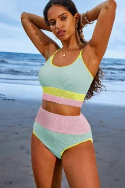 Fashion Dear-Lover Color Block High Waisted Sexy Bikini Set Beau Blue