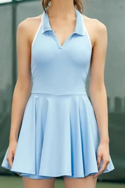 Sale Dear-Lover Colorblock Sleeveless Collared Halter Neck Backless Sports Dress Beau Blue