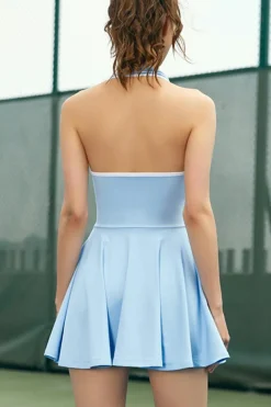 Sale Dear-Lover Colorblock Sleeveless Collared Halter Neck Backless Sports Dress Beau Blue