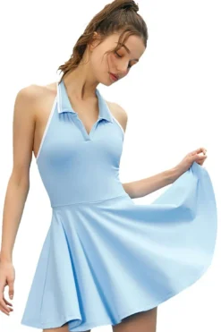 Sale Dear-Lover Colorblock Sleeveless Collared Halter Neck Backless Sports Dress Beau Blue