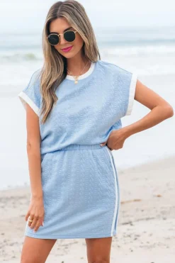 Hot Dear-Lover Contrast Trim Textured Crewneck Tee and Pocketed Skirt Set Beau Blue