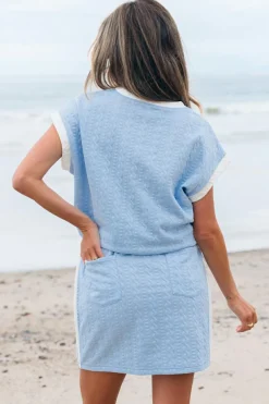 Hot Dear-Lover Contrast Trim Textured Crewneck Tee and Pocketed Skirt Set Beau Blue