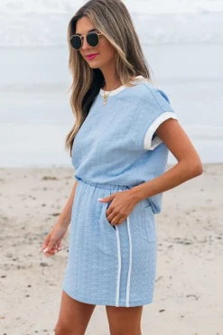 Hot Dear-Lover Contrast Trim Textured Crewneck Tee and Pocketed Skirt Set Beau Blue