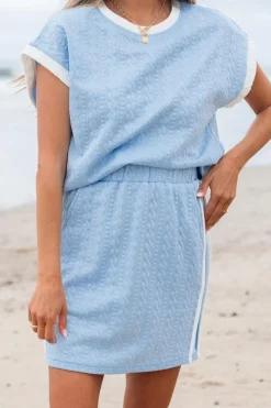 Hot Dear-Lover Contrast Trim Textured Crewneck Tee and Pocketed Skirt Set Beau Blue