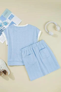 Hot Dear-Lover Contrast Trim Textured Crewneck Tee and Pocketed Skirt Set Beau Blue