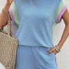 Clearance Dear-Lover Corded Knit Contrast Trim Round Neck Cap Sleeve 2pcs Short Set Beau Blue