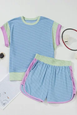 Clearance Dear-Lover Corded Knit Contrast Trim Round Neck Cap Sleeve 2pcs Short Set Beau Blue