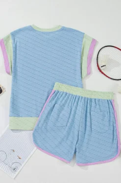 Clearance Dear-Lover Corded Knit Contrast Trim Round Neck Cap Sleeve 2pcs Short Set Beau Blue