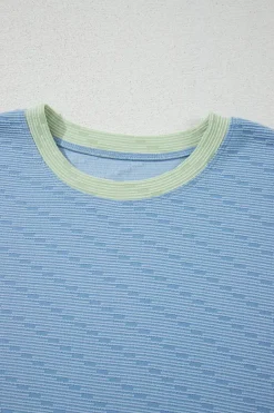 Clearance Dear-Lover Corded Knit Contrast Trim Round Neck Cap Sleeve 2pcs Short Set Beau Blue