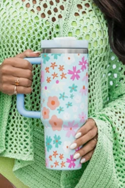 Clearance Dear-Lover Cute Flower Pattern Handled Cup with Straw 40oz Beau Blue