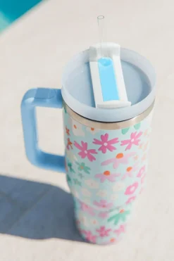 Clearance Dear-Lover Cute Flower Pattern Handled Cup with Straw 40oz Beau Blue