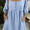 Sale Dear-Lover Denim Button Detail Babydoll Square Neck Mini Dress Beau Blue