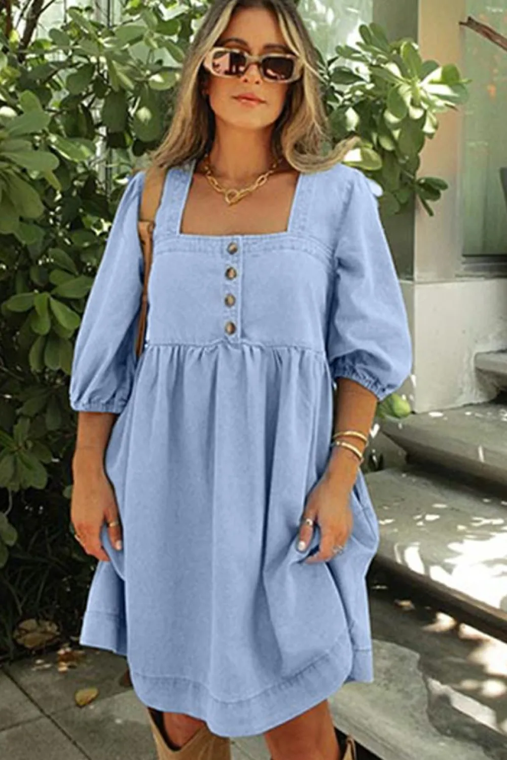 Sale Dear-Lover Denim Button Detail Babydoll Square Neck Mini Dress Beau Blue