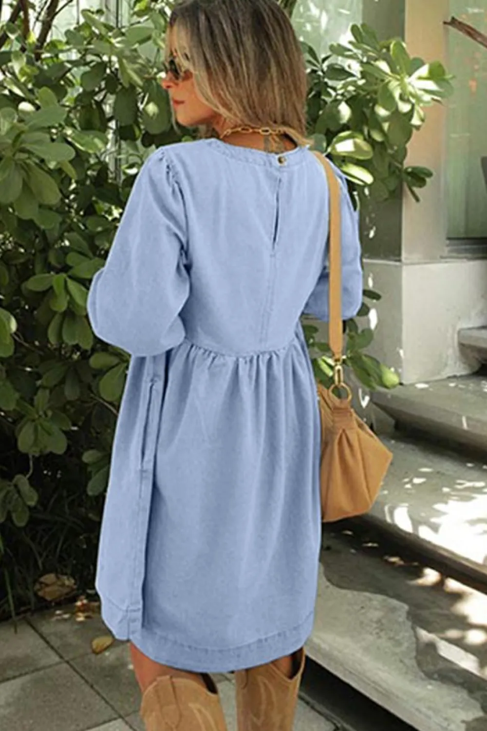 Sale Dear-Lover Denim Button Detail Babydoll Square Neck Mini Dress Beau Blue