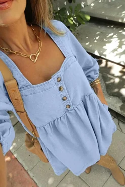 Sale Dear-Lover Denim Button Detail Babydoll Square Neck Mini Dress Beau Blue