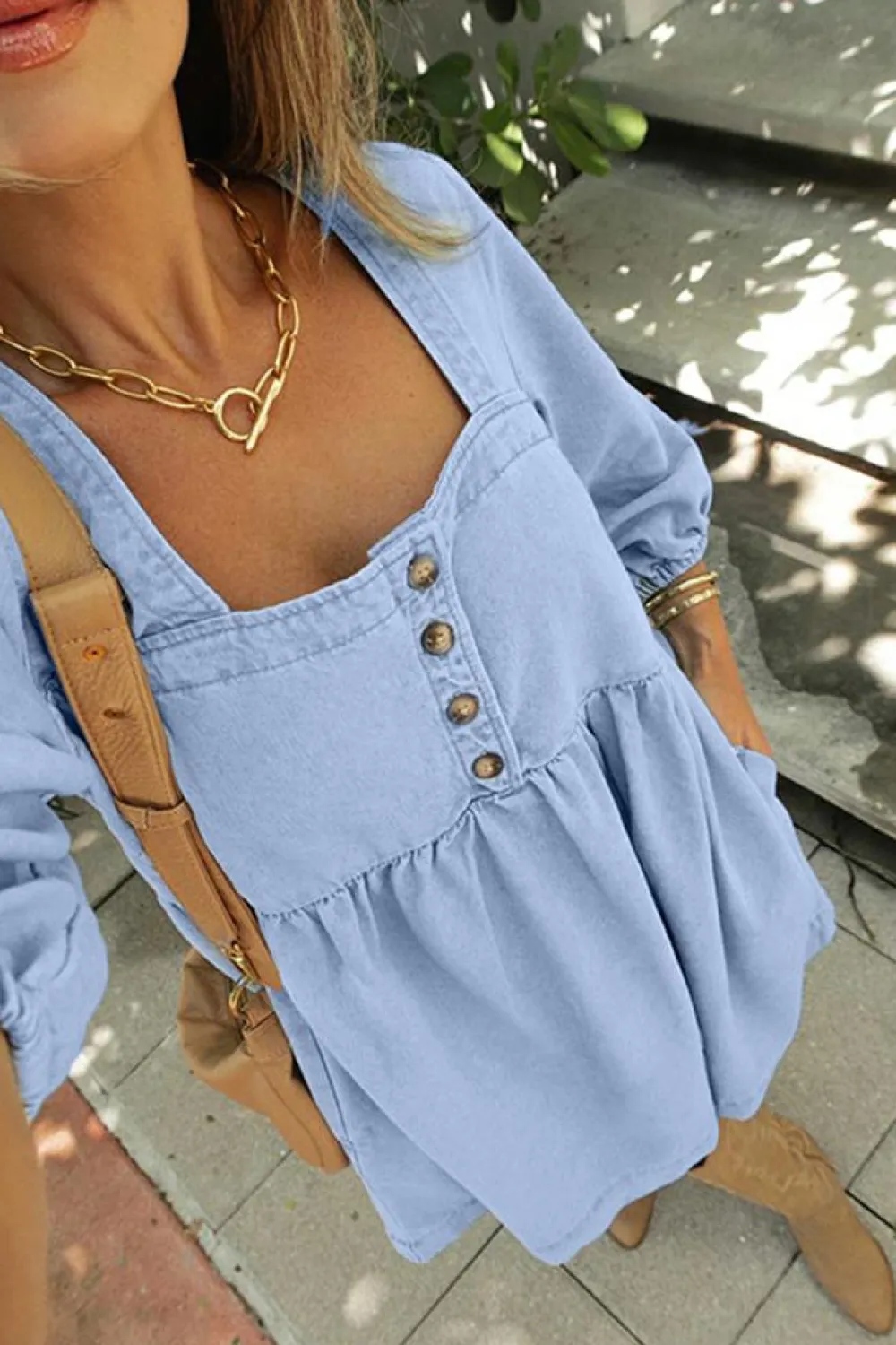 Sale Dear-Lover Denim Button Detail Babydoll Square Neck Mini Dress Beau Blue