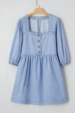 Sale Dear-Lover Denim Button Detail Babydoll Square Neck Mini Dress Beau Blue