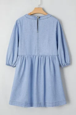 Sale Dear-Lover Denim Button Detail Babydoll Square Neck Mini Dress Beau Blue